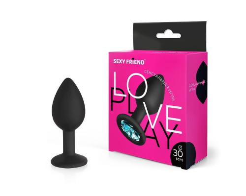 Черная силиконовая анальная втулка с голубым кристаллом - 7,3 см.