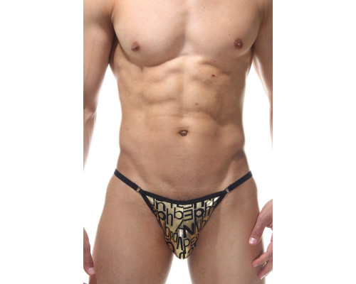 Золотистые мужские трусы-танга с принтом в виде букв