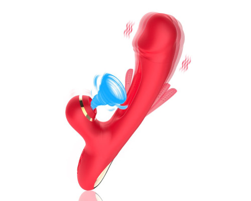 Красный вибратор с вакуумной стимуляцией клитора и функцией фингеринга - 24 см.