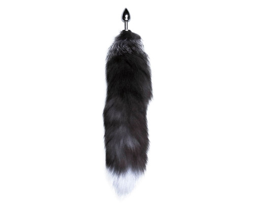 Серебристая анальная пробка с темным лисьим хвостом Black   White Fox Tail Size S