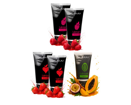 Набор из 5 съедобных лубрикантов JUJU (клубника х 2, малина х 2, тропические фрукты)