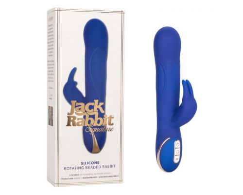 Синий вибратор Signature Silicone Rotating Beaded Rabbit с клиторальным отростком - 22,75 см.