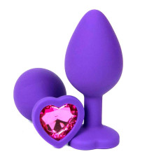 Фиолетовая силиконовая анальная пробка с розовым стразом-сердцем - 8,5 см.