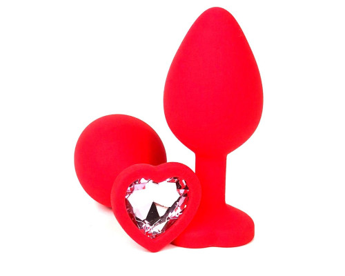 Красная силиконовая анальная пробка с нежно-розовым стразом-сердцем - 8 см.