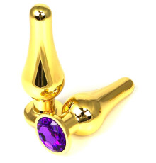 Золотистая удлиненная анальная пробка с фиолетовым кристаллом - 9 см.