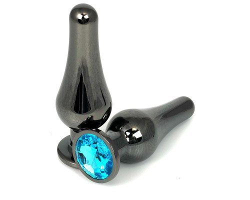 Черная удлиненная анальная пробка с голубым кристаллом - 11 см.