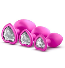 Набор розовых анальных пробок с прозрачным кристаллом-сердечком Bling Plugs Training Kit