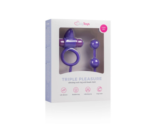 Фиолетовое эрекционное виброкольцо с анальной цепочкой Triple Pleasure