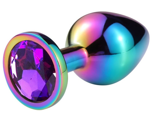 Разноцветная гладкая анальная пробка с фиолетовым кристаллом - 9,5 см.