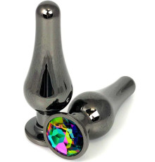 Черная удлиненная анальная пробка с разноцветным кристаллом - 10 см.