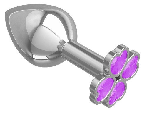 Средняя серебристая анальная втулка с клевером из сиреневых кристаллов - 8,5 см.