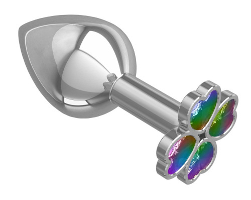 Средняя серебристая анальная втулка с клевером из радужных кристаллов - 8,5 см.
