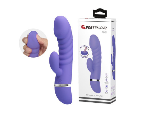 Сиреневый вибратор с рёбрами и клиторальным отростком Tracy - 18,8 см.