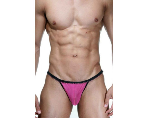 Розово-черные трусы-стринги с рюшей