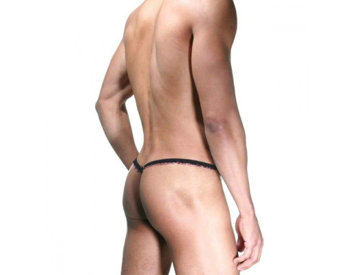 Розово-черные трусы-стринги с рюшей