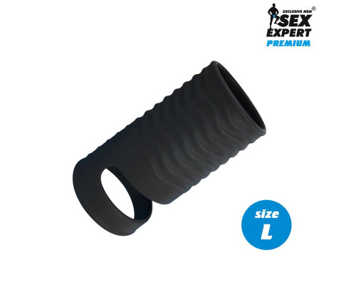 Черная открытая насадка на пенис с кольцом для мошонки L-size - 8,5 см.