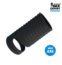 Черная открытая насадка на пенис с кольцом для мошонки XXL-size - 9,4 см.