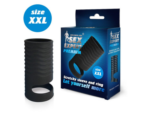 Черная открытая насадка на пенис с кольцом для мошонки XXL-size - 9,4 см.