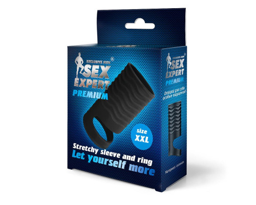 Черная открытая насадка на пенис с кольцом для мошонки XXL-size - 9,4 см.