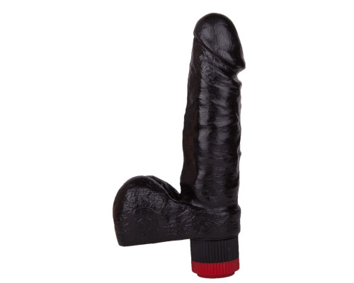 Чёрный виброфаллос с пышной мошонкой - 16 см.