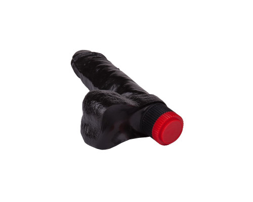 Чёрный виброфаллос с пышной мошонкой - 16 см.