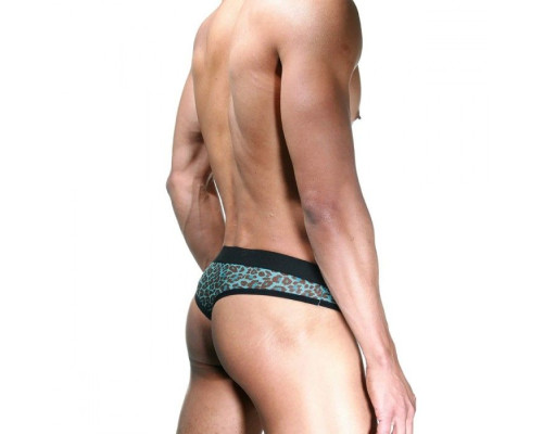 Черно-голубые трусы-тонги с леопардовым принтом