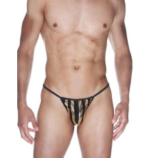 Мужские трусы-стринги из черной ткани в широкую золотую полоску