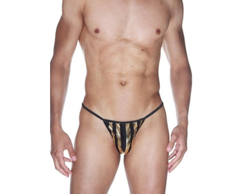Мужские трусы-стринги из черной ткани в широкую золотую полоску