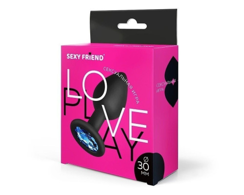 Черная силиконовая анальная втулка с синим кристаллом - 7,3 см.