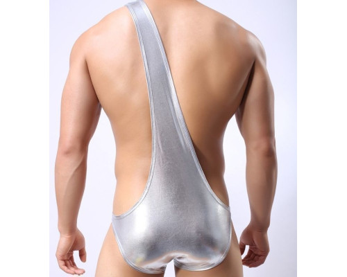 Серебристые мужские трусы с плечевой бретелью