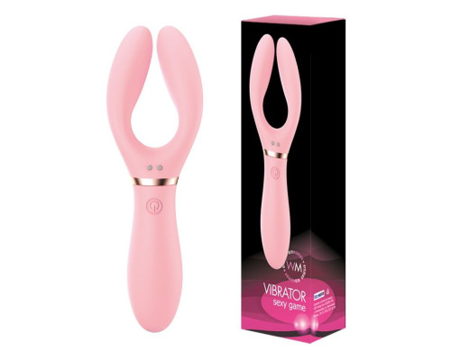 Розовый раздвоенный вибромассажёр с 10 режимами вибрации