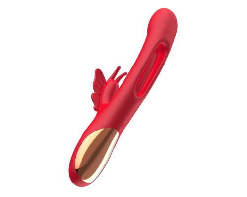 Красный вибратор-кролик с функцией фингеринга - 25,5 см.