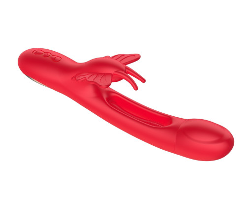 Красный вибратор-кролик с функцией фингеринга - 25,5 см.