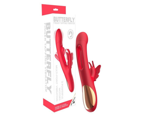 Красный вибратор-кролик с функцией фингеринга - 25,5 см.