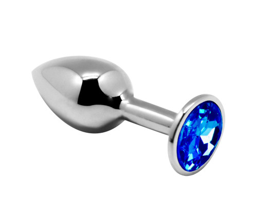 Серебристая анальная втулка с синим кристаллом Mini Metal Butt L - 9 см.