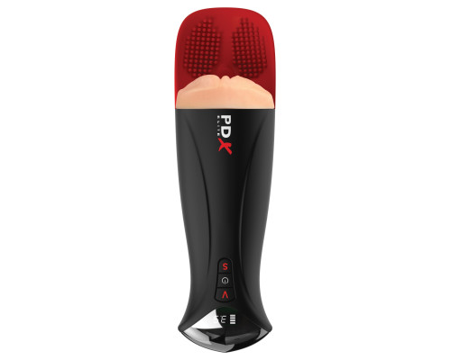 Телесный мастурбатор-вагина в черной колбе с вибрацией Fuck-O-Matic Pro XL