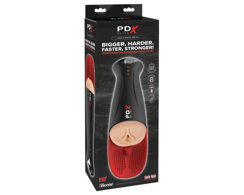 Телесный мастурбатор-вагина в черной колбе с вибрацией Fuck-O-Matic Pro XL