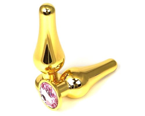 Золотистая удлиненная анальная пробка с нежно-розовым кристаллом - 11,5 см.