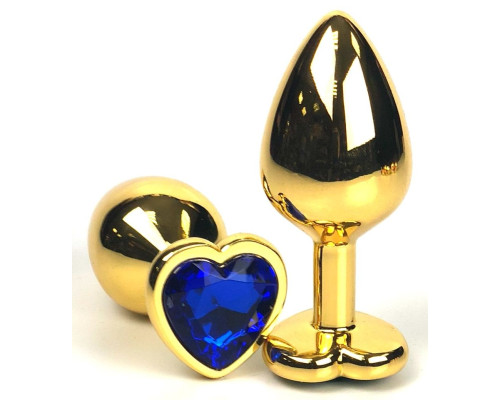 Золотистая анальная пробка с синим кристаллом-сердцем - 6 см.