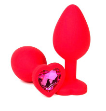 Красная силиконовая анальная пробка с розовым стразом-сердцем - 10,5 см.