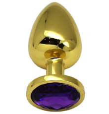 Золотистая анальная пробка с фиолетовым кристаллом - 9 см.