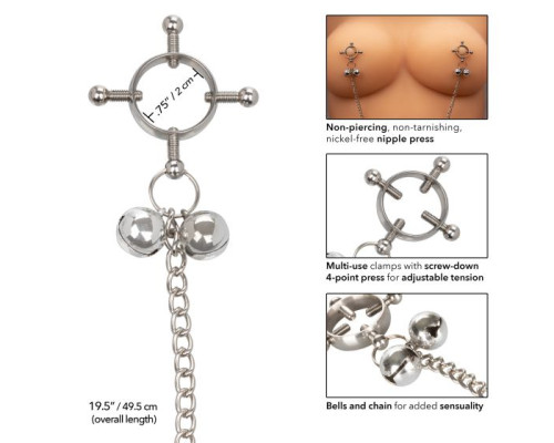 Металлические зажимы для сосков на цепочке Nipple Grips 4-Point Nipple Press with Bells