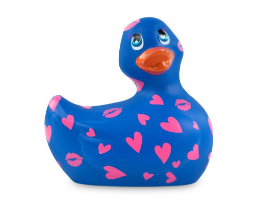 Синий вибратор-уточка I Rub My Duckie 2.0 Romance с розовым принтом