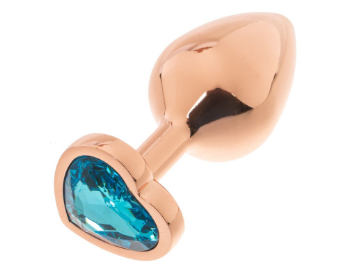 Золотистая анальная пробка OYO с голубым кристаллом-сердцем - 7,3 см.