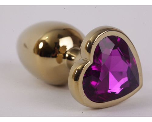 Золотистая анальная пробка с фиолетовым стразиком-сердечком - 8 см.