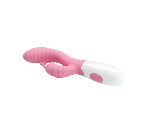 Нежно-розовый вибратор с клиторальным отростком и ребрами Pete - 20 см.