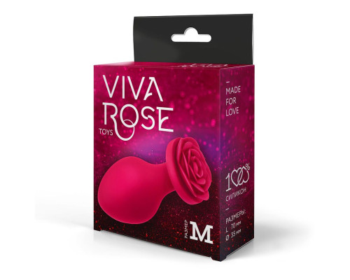 Малиновая анальная пробка с основанием-розой - 8,3 см.