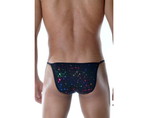 Черные мужские трусы-танга с разноцветными блестящими звездочками