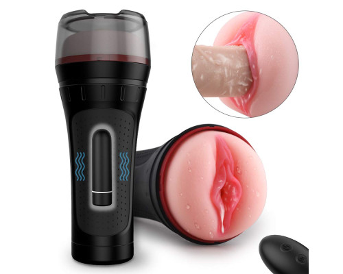 Черный мастурбатор-вагина с вибропулей и пультом ДУ