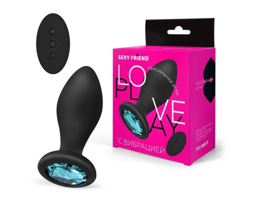 Черная вибровтулка с голубым кристаллом и пультом ДУ - 8,5 см.
